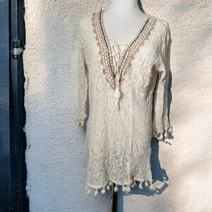 Portobello boho long sleeve eyelet lace Beachy beaded coverup /blouse M/L
